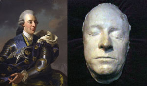 Gustav III som ung och vacker målad av Alexander Roslin. Jämför med dödsmasken gjuten efter hans död 1792. Dödsmasker brukar ofta pressa samman läpparna något. Gustav ansågs svår att avbilda, hans utseende var svårt att fånga, därför ser han alltid annorlunda ut från porträtt till porträtt.